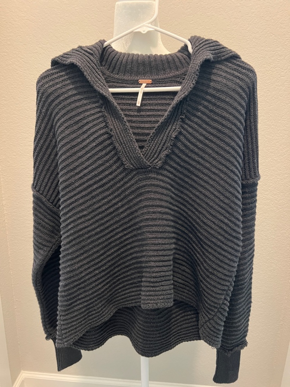 Free People Charcoal Gray V-Neck Hooded Ribbed Sweater